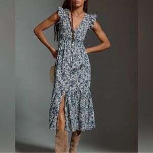 Anthropologie Peregrine Blue Floral Smocked Midi Dress